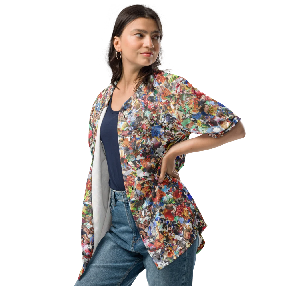 A woman wearing a colorful PhotoWear baseball jersey made from her photos